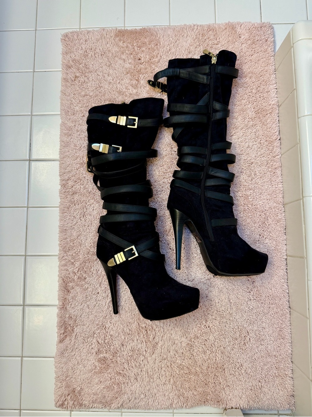 bebe Black Suede Wrap-Strap Stiletto Knee Boots with Gold Accents - Picture 4 of 10